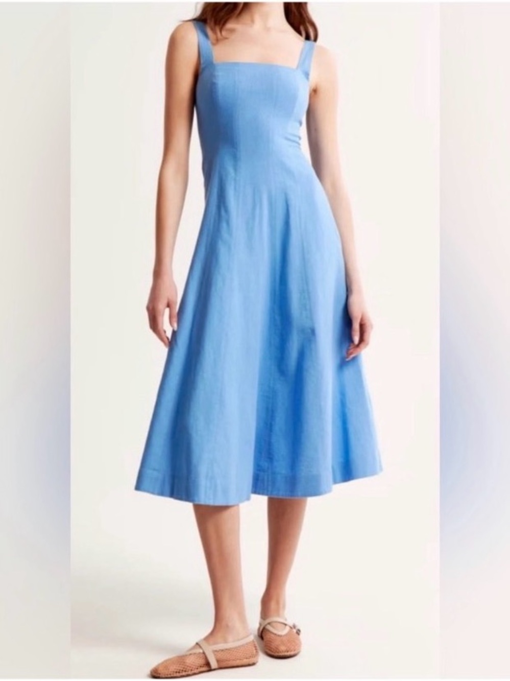 Abercrombie & Fitch Square Neck Linen Polplin Midi Dress Coastal Cottagecore L